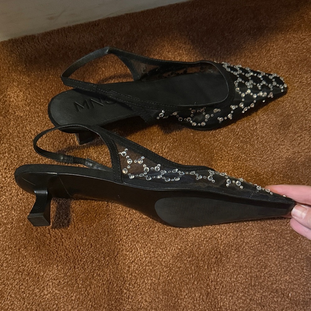Mango Black Rhinestone Embellished Slingback Heels Square Toe Size 39